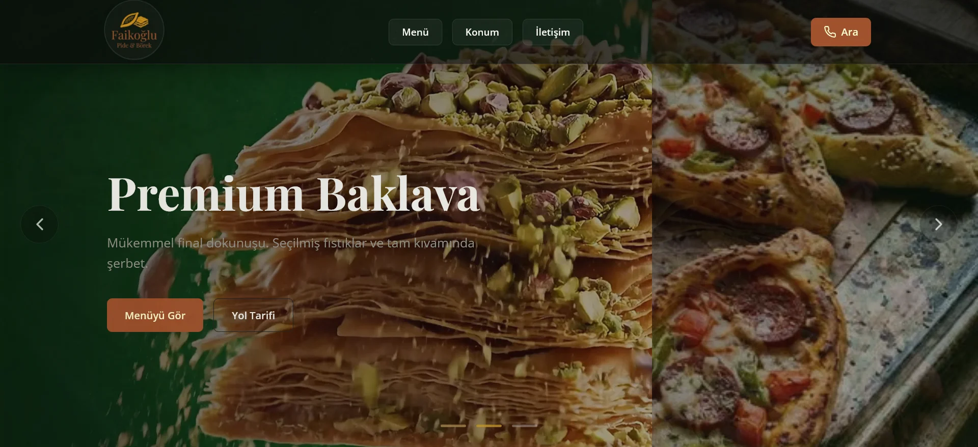 Homepage screenshot of Faikoğlu Pide Börek & Cafe website featuring the Premium Baklava hero image, designed and built by Rankpather