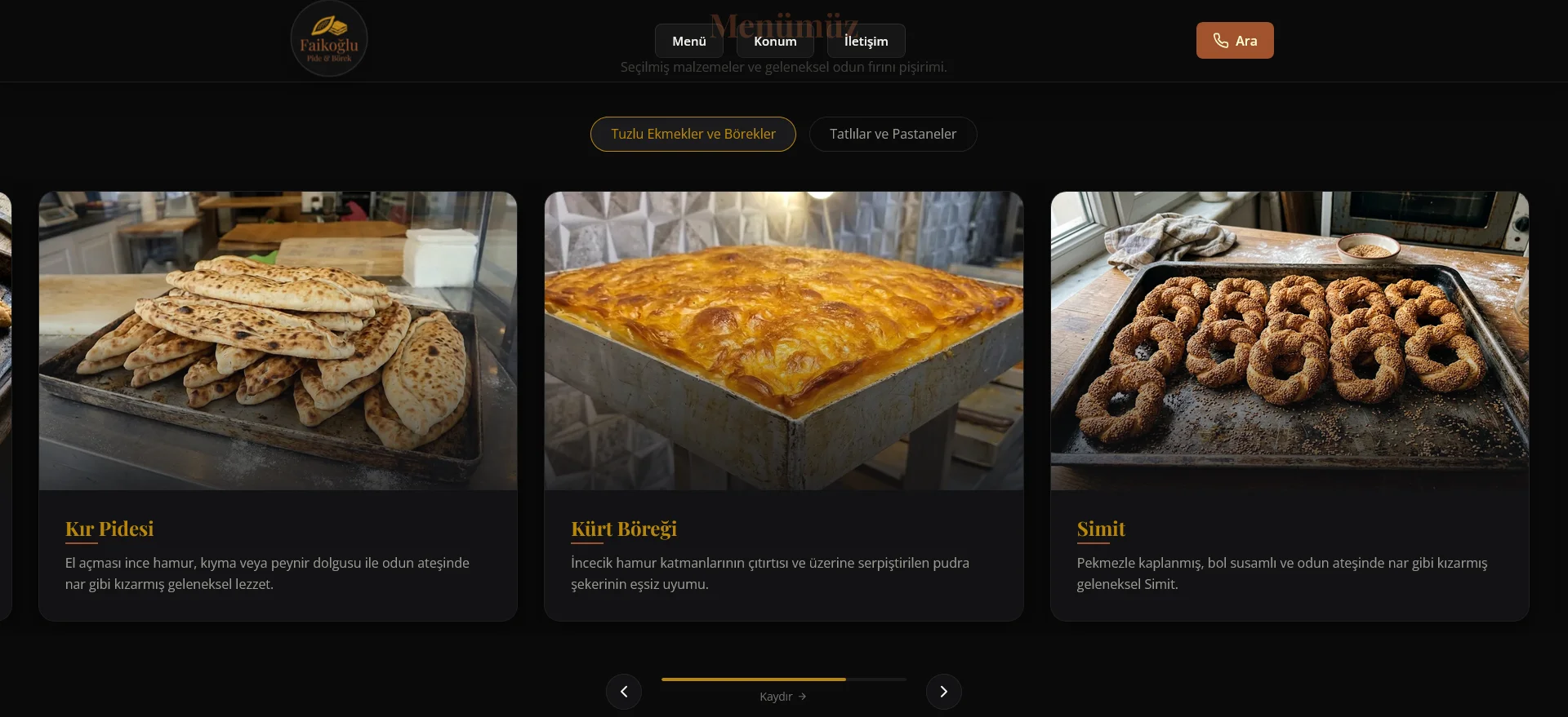 Página de menú de Faikoğlu Pide Börek & Cafe: productos tradicionales turcos como pide, börek y simit presentados en bandejas