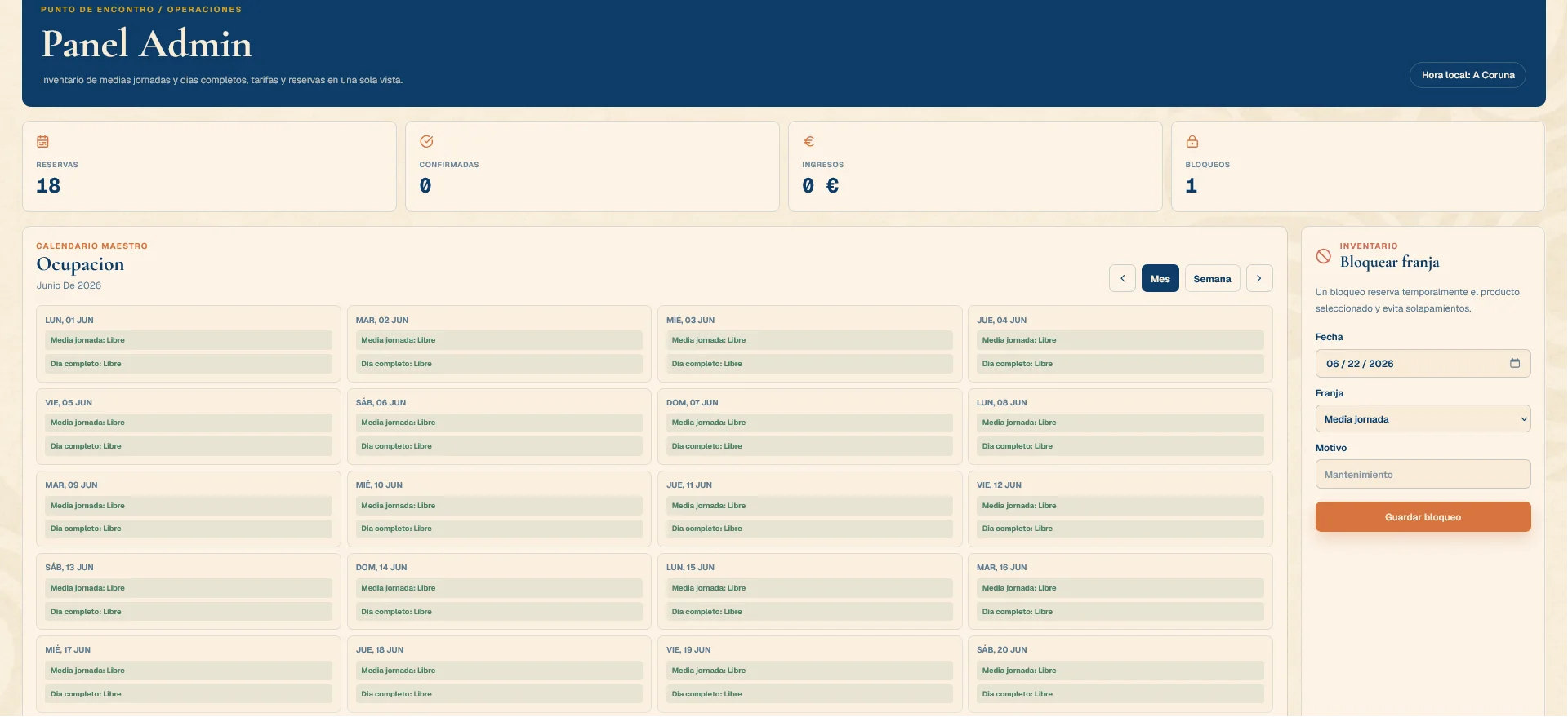 Calendario del panel de Punto de Encontro con fechas libres, reservadas y bloqueadas para el local de eventos.