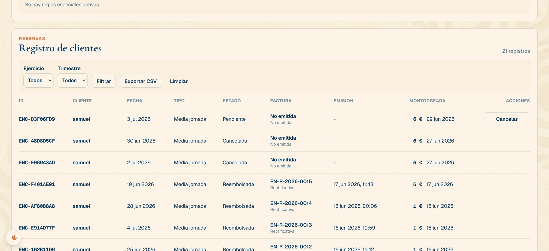Registro de reservas del panel de Punto de Encontro con números de reserva, nombres de clientes, importes y detalles.
