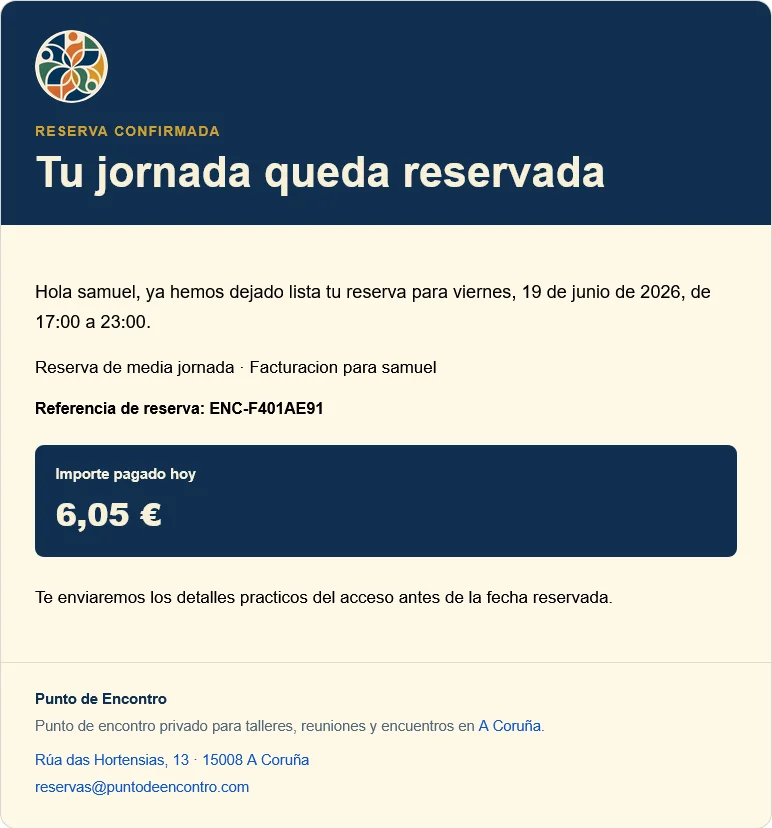 Email automático de confirmación enviado después de completar una reserva en Punto de Encontro.