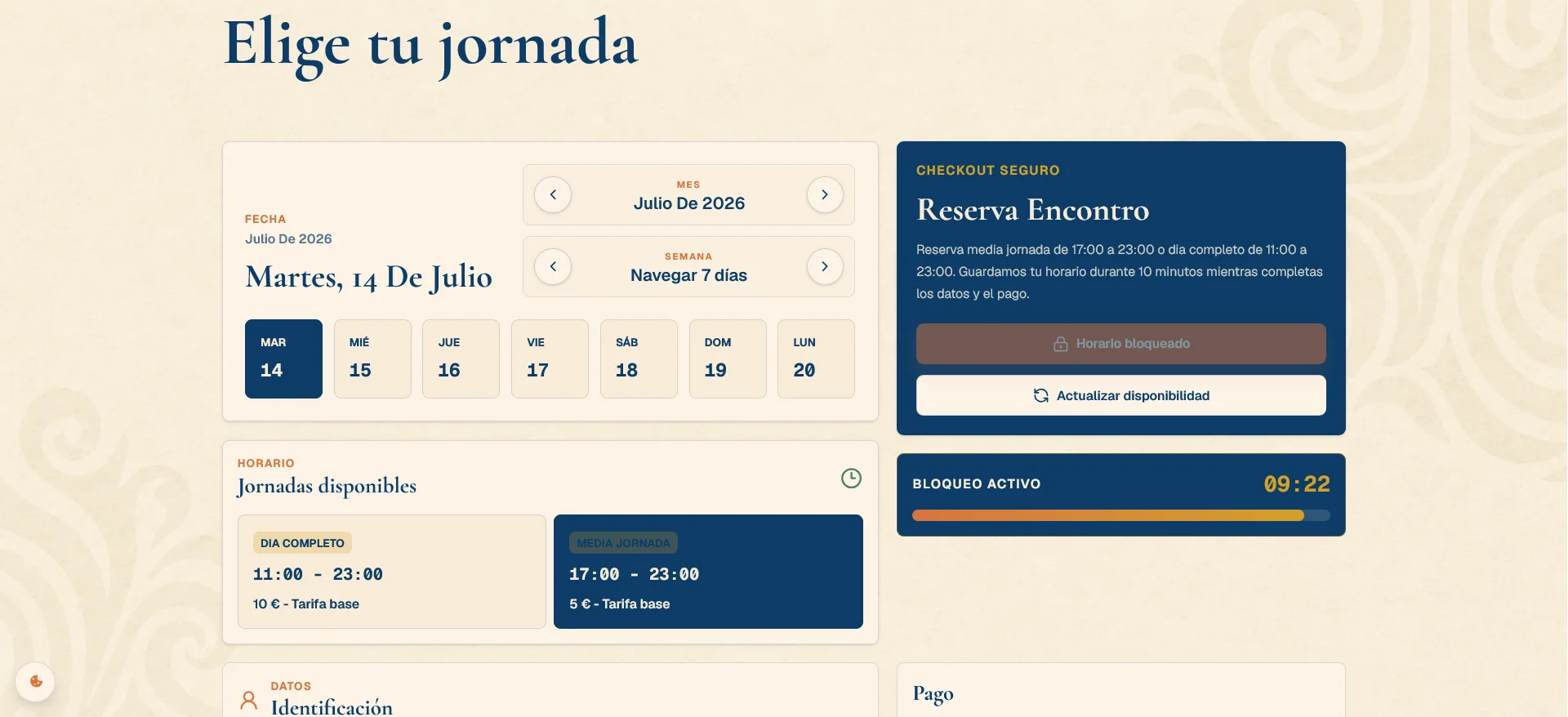 Página de reserva directa de Punto de Encontro donde los clientes eligen una fecha disponible y empiezan el flujo de reserva.