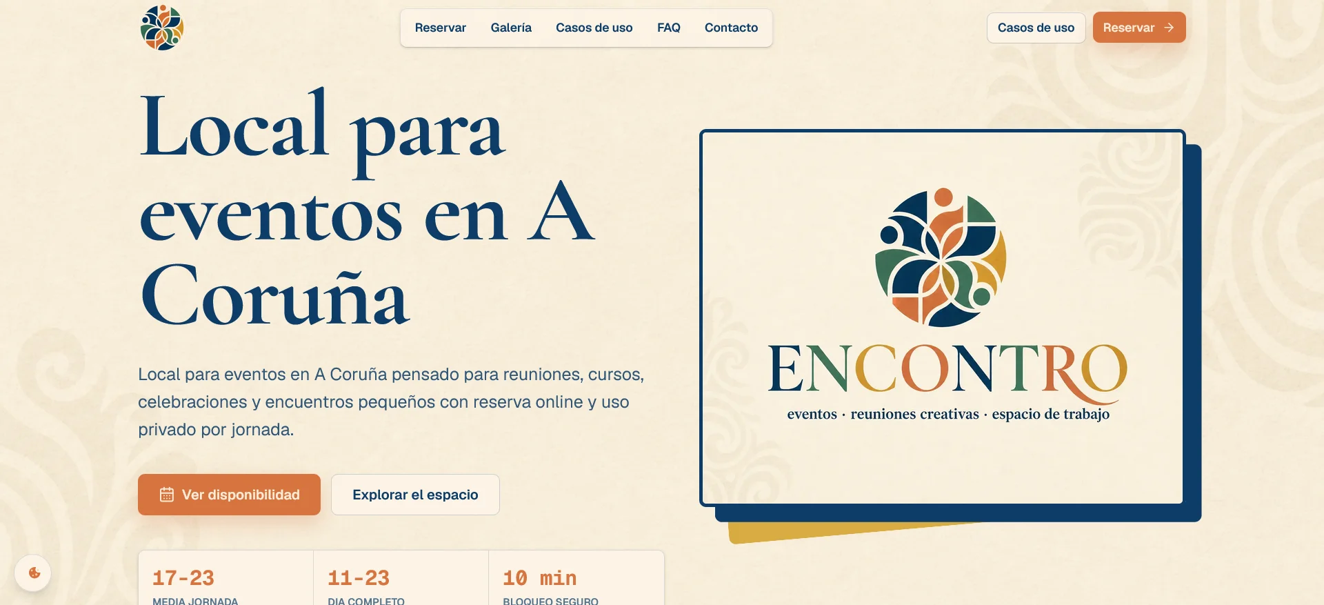 Página de inicio de Punto de Encontro con hero del local para eventos, posicionamiento en A Coruña y acceso a la reserva.