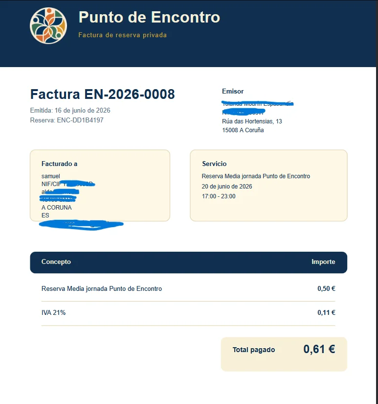 Factura automática generada para una reserva de Punto de Encontro.