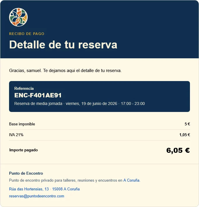 Recibo de reserva generado para una reserva de Punto de Encontro.