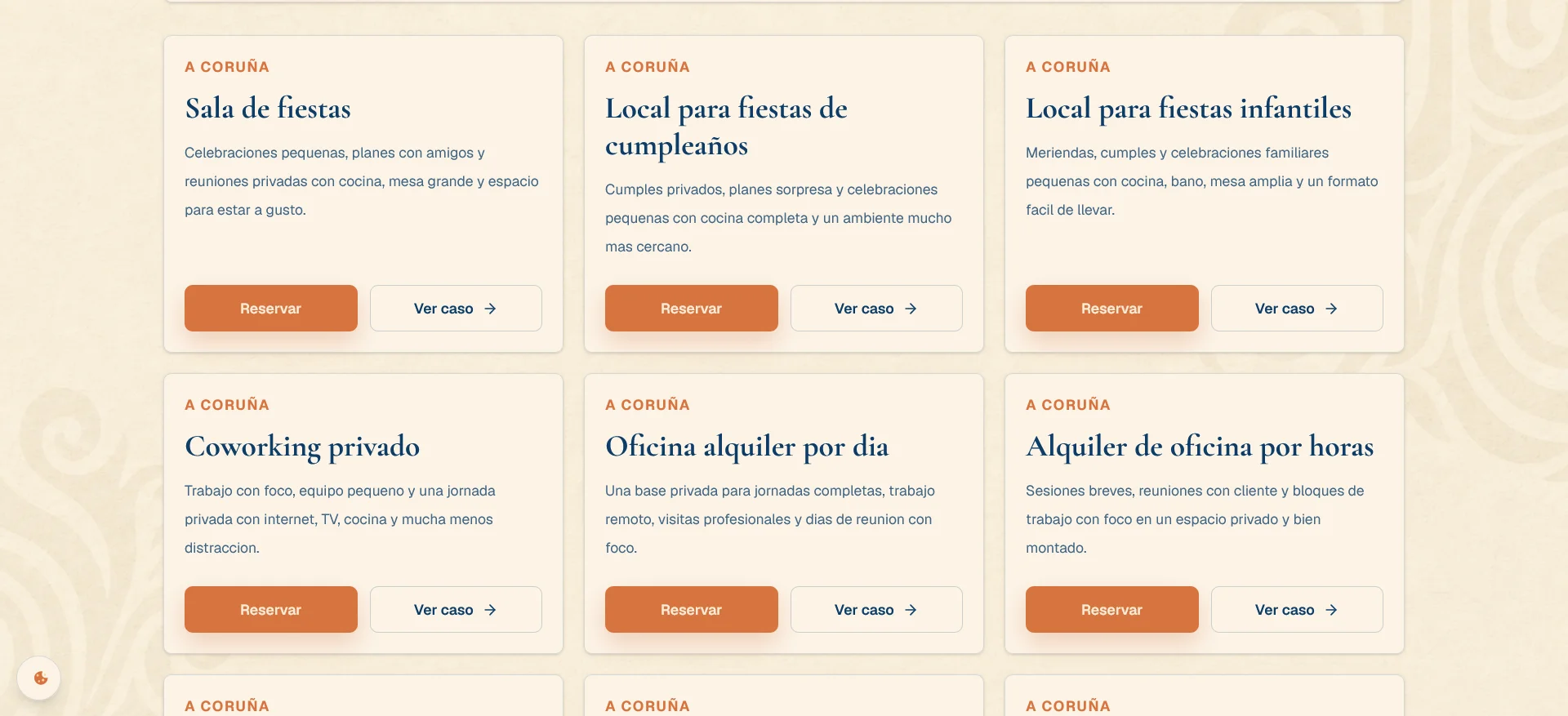 Páginas verticales de Punto de Encontro creadas para captar búsquedas long tail sobre locales para eventos y celebraciones en A Coruña.