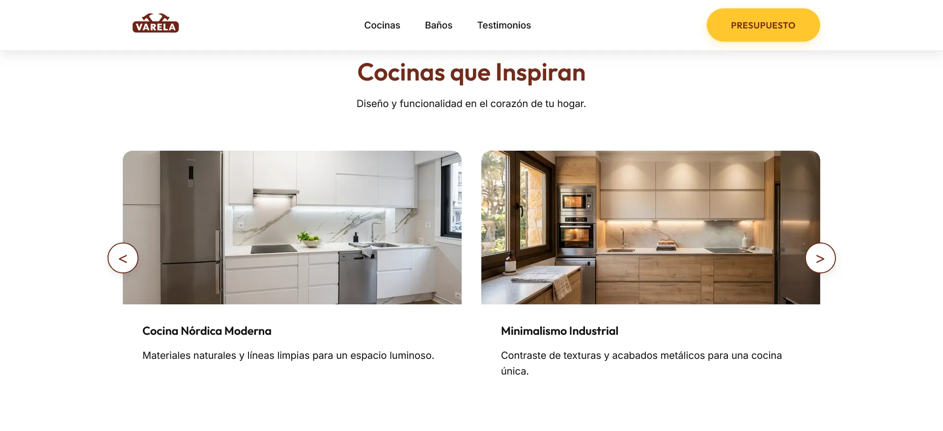 Varela Cocinas y Baños homepage section with animated hero treatment, stronger showroom imagery, and a more polished local brand presentation.
