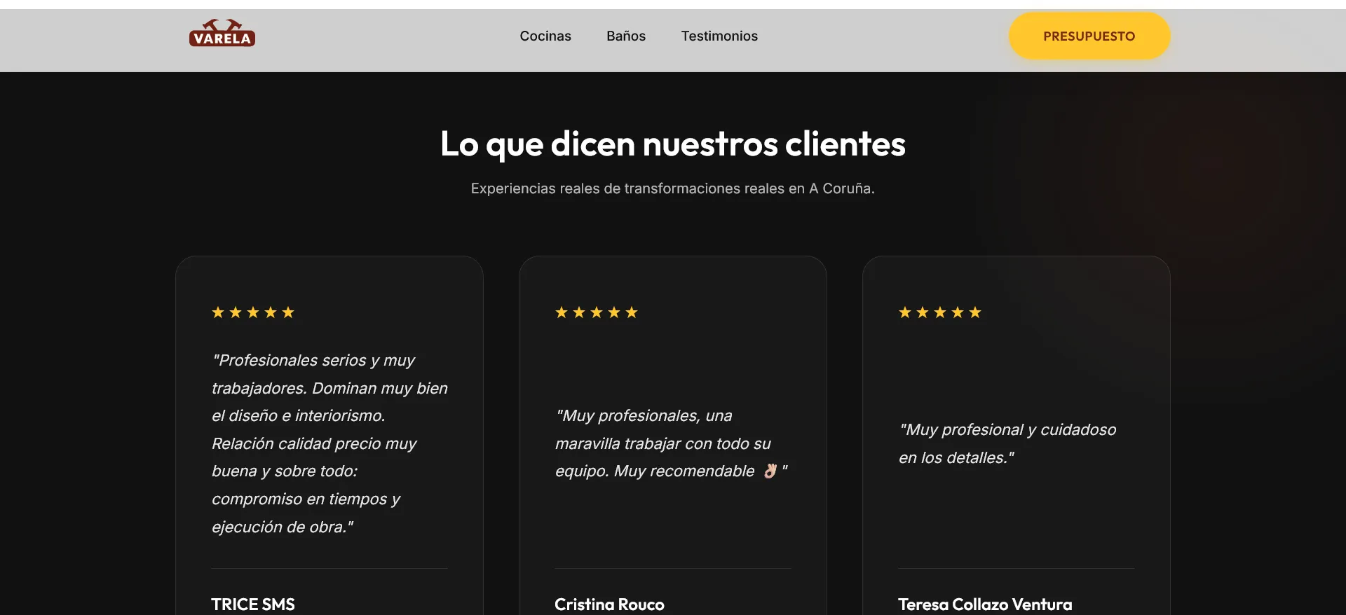 Varela Cocinas y Baños website section highlighting customer reviews, contact options, and polished imagery for the showroom's local credibility.